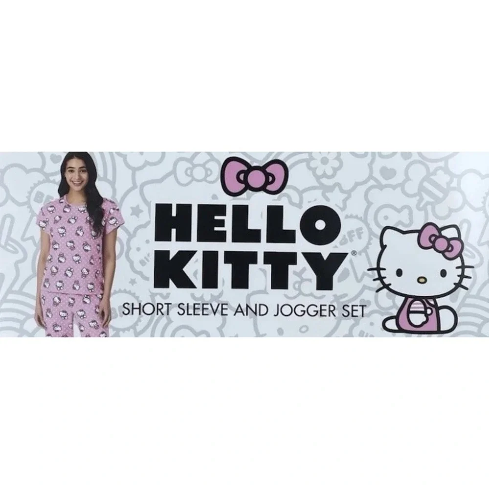 NWT Hello Kitty Pink Polka Dot Ribbed Short Sleeve and Jogger Pajama Set Large